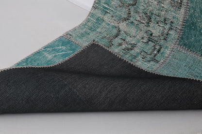 2x8 Vintage Patchwork Runner Rug, Green Turkish Hallway Rug, Handmade Wool Cotton Flatweave Runner