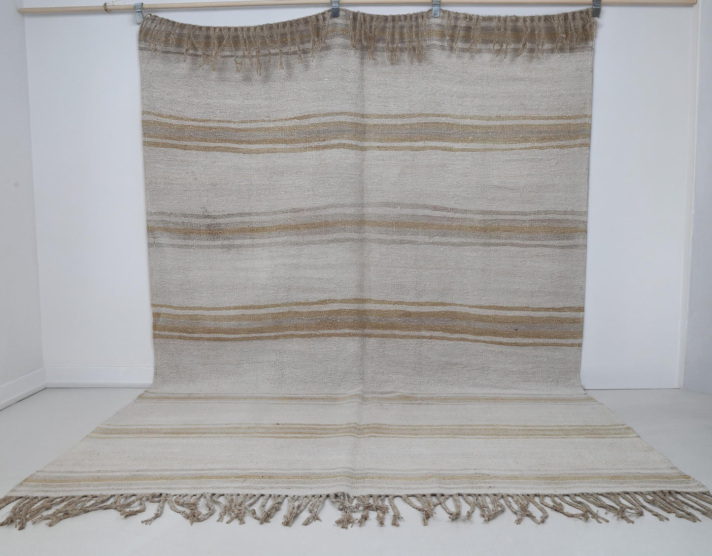 7x9 Vintage Hemp Rug, Beige White Striped Turkish Flatweave Rug, Handmade Natural Hemp Wool Area Rug
