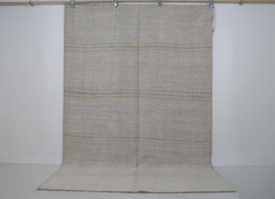 5x8 vintage Turkish hemp flatweave rug, white and beige striped area rug