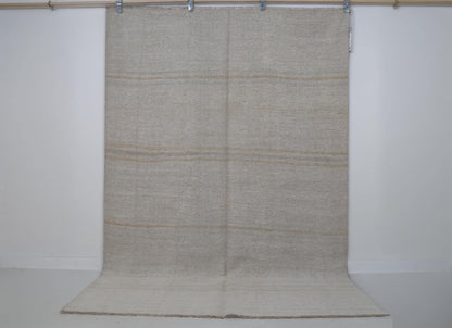 5x8 vintage Turkish hemp flatweave rug, white and beige striped area rug