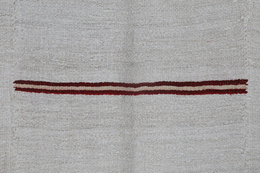5x8 Vintage Hemp Wool Rug, Minimal White Turkish Flatweave Rug with Red Black Stripes, Handmade Neutral Area Rug