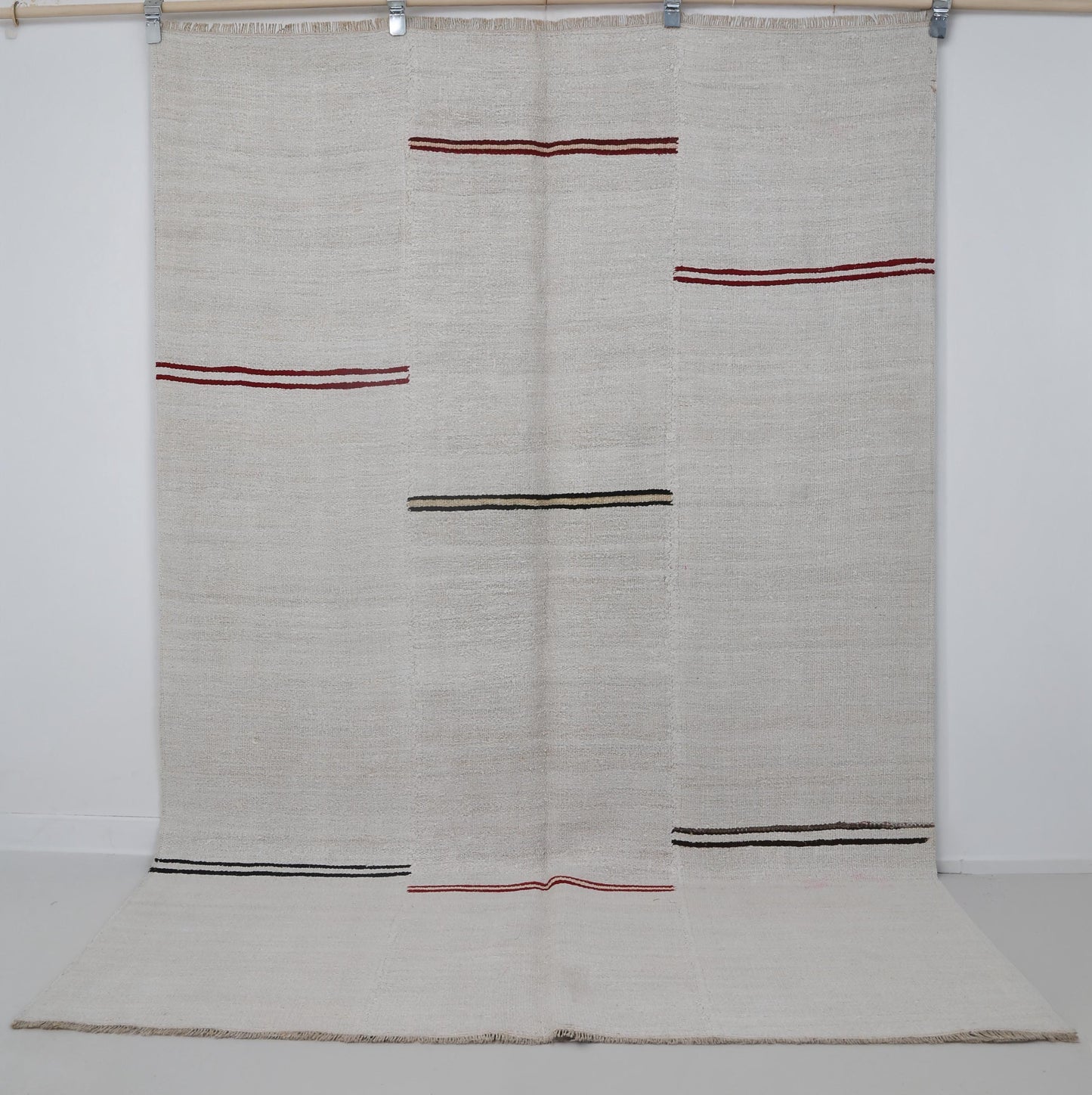 5x8 Vintage Hemp Wool Rug, Minimal White Turkish Flatweave Rug with Red Black Stripes, Handmade Neutral Area Rug