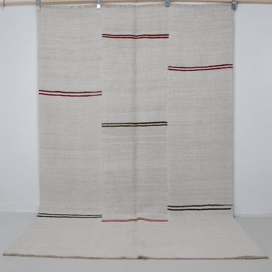 5x8 Vintage Hemp Wool Rug, Minimal White Turkish Flatweave Rug with Red Black Stripes, Handmade Neutral Area Rug