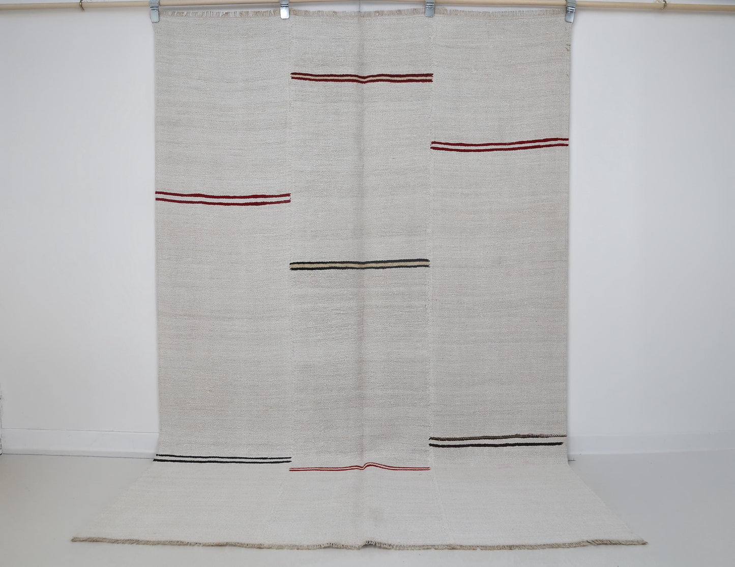 5x8 Vintage Hemp Wool Rug, Minimal White Turkish Flatweave Rug with Red Black Stripes, Handmade Neutral Area Rug