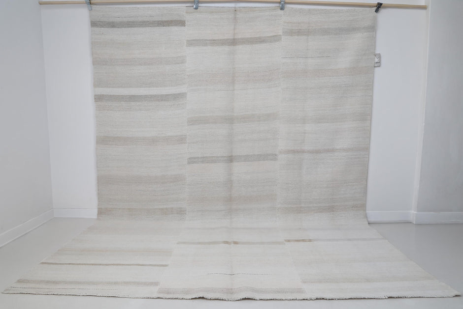  9x7 vintage Turkish hemp flatweave rug, white beige minimal area rug