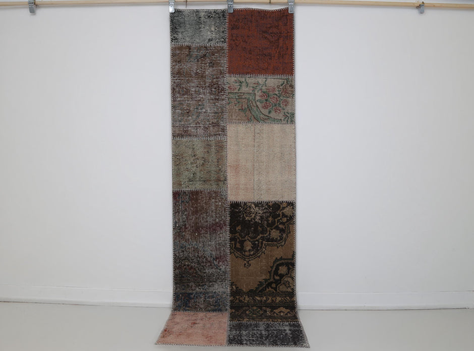 2x7 vintage Turkish patchwork runner rug, multicolor narrow hallway runner