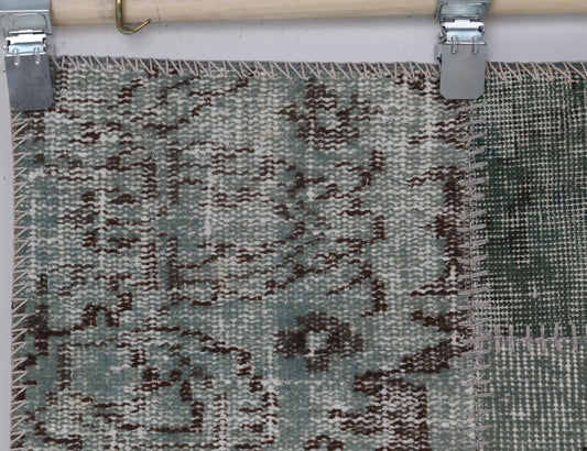 2x6 Vintage Patchwork Runner Rug, Green Turkish Hallway Runner, Handmade Wool Cotton Narrow Rug