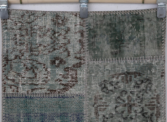 2x6 Vintage Patchwork Runner Rug, Green Turkish Hallway Runner, Handmade Wool Cotton Narrow Rug