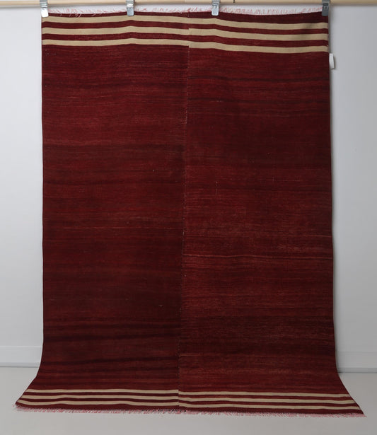 4x7 Vintage Turkish Kilim Rug, Red Striped Flatweave Wool Area Rug, Handmade Minimalist Decor