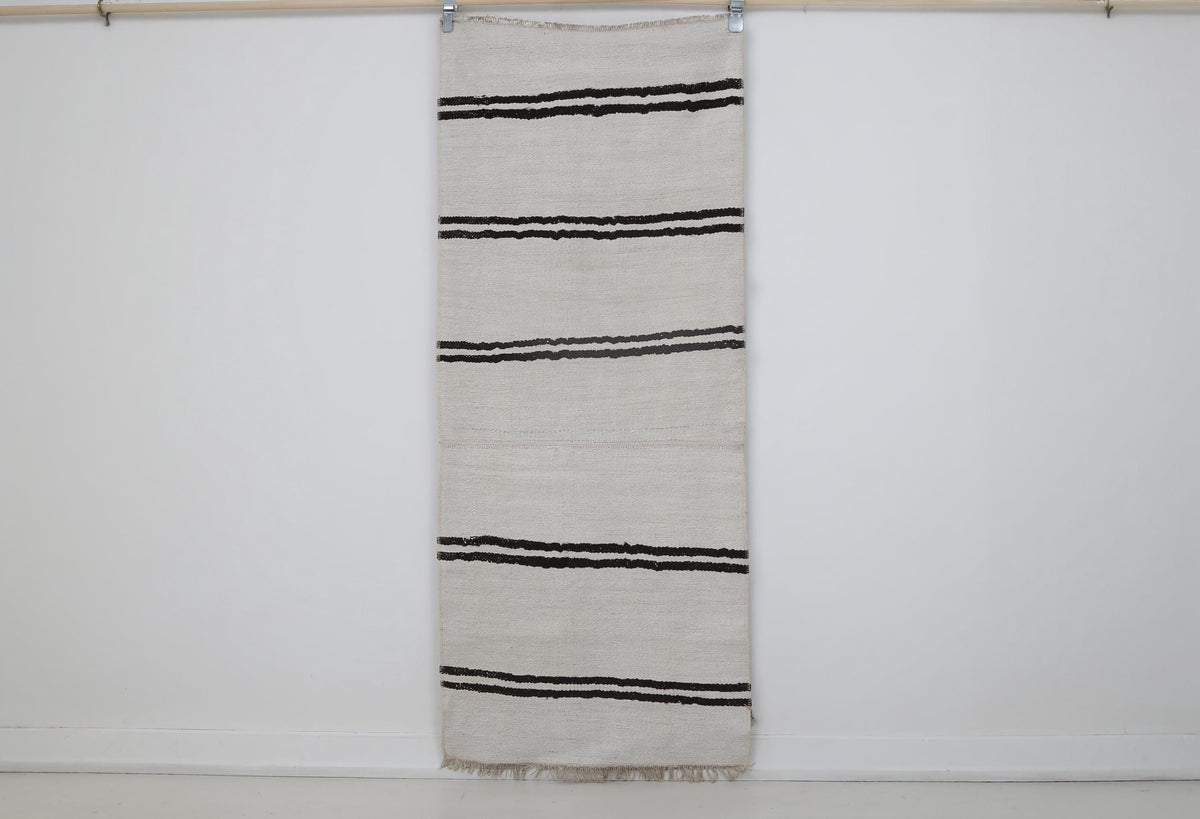 Vintage Turkish Wool Hemp Runner Rug, Black White Striped Minimalist (2x6) - photo 1 of 9