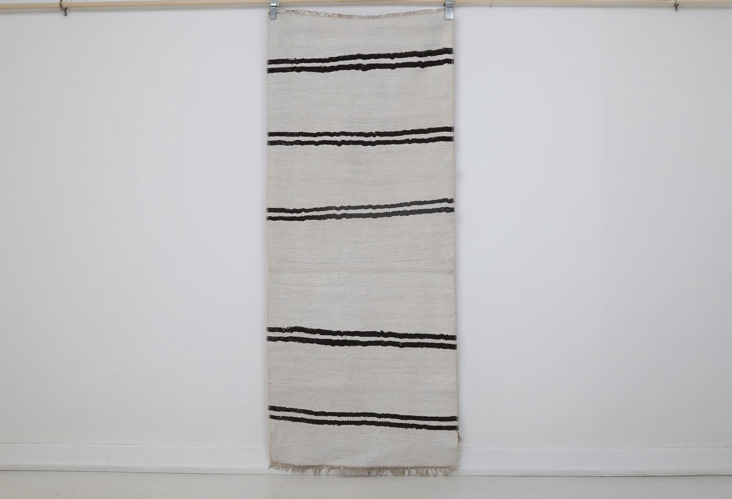 2x6 Vintage Hemp Runner Rug, White and Black Striped Turkish Hallway Rug, Handmade Minimalist Hemp Wool Rug