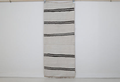  2x6 vintage Turkish hemp runner rug, white and black striped hallway rug