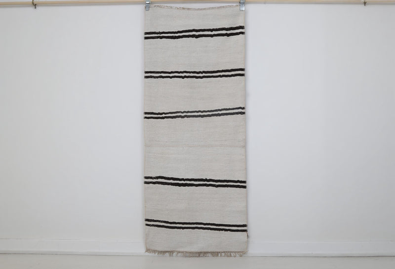 2x6 Vintage Hemp Runner Rug, White and Black Striped Turkish Hallway Rug, Handmade Minimalist Hemp Wool Rug