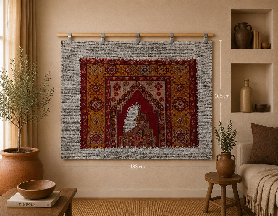 3x4 Vintage Wool Tapestry Rug, Red Yellow Tribal Wall Hanging, Handmade Anatolian Textile Decor
