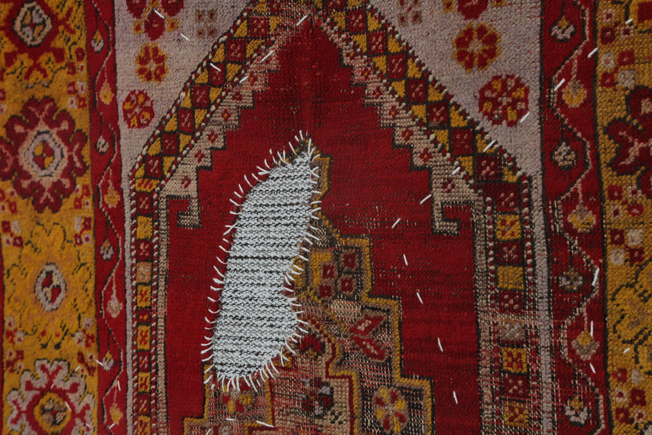3x4 Vintage Wool Tapestry Rug, Red Yellow Tribal Wall Hanging, Handmade Anatolian Textile Decor