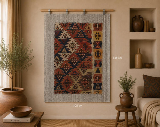 3x5 Vintage Wool Tapestry Rug, Multicolor Tribal Kilim Wall Hanging, Handmade Geometric Textile Decor