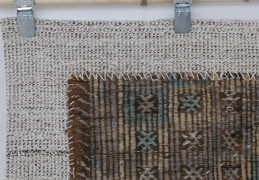 3x4 Vintage Wool Tapestry Rug, Brown Beige Tribal Wall Hanging, Handmade Woven Textile Decor