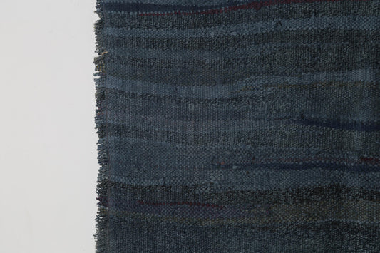 3x3 Vintage Kilim Caput Rug, Deep Blue Striped Turkish Wool Cotton Rug, Handmade Minimal Rustic Area Rug