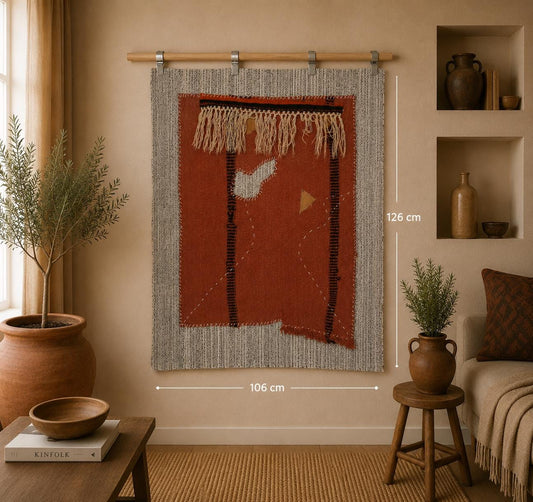 3x4 Vintage Hemp Tapestry Rug, Orange Minimalist Wall Hanging, Handmade Textile Art Decor