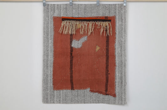 3x4 Vintage Hemp Tapestry Rug, Orange Minimalist Wall Hanging, Handmade Textile Art Decor