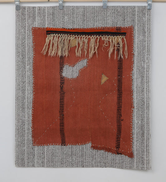 3x4 Vintage Hemp Tapestry Rug, Orange Minimalist Wall Hanging, Handmade Textile Art Decor