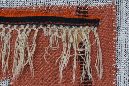 3x4 Vintage Hemp Tapestry Rug, Orange Minimalist Wall Hanging, Handmade Textile Art Decor