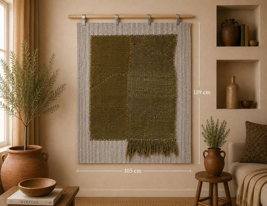3x4 Vintage Hemp Tapestry Rug, Green Minimalist Wall Hanging, Handmade Textile Fiber Art
