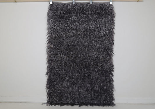 6x4 Vintage Turkish Tulu Rug, Handwoven Filikli Wool Rug, Charcoal Gray & Smoky Purple Long Pile Anatolian Textile