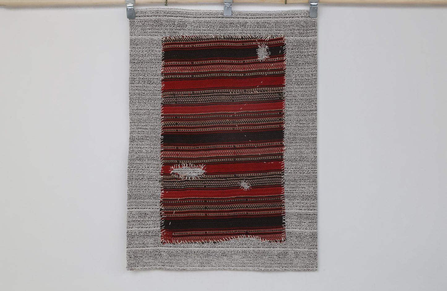 2x3 Vintage Wool Tapestry Rug, Red and Black Striped Wall Hanging, Handmade Textile Art