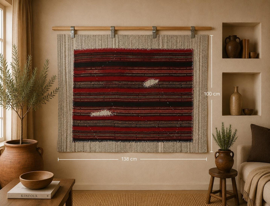 3x4 vintage wool tapestry rug, red and black horizontal striped wall hanging