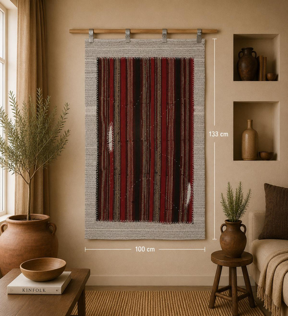 3x4 vintage wool tapestry rug, red striped multicolor wall hanging
