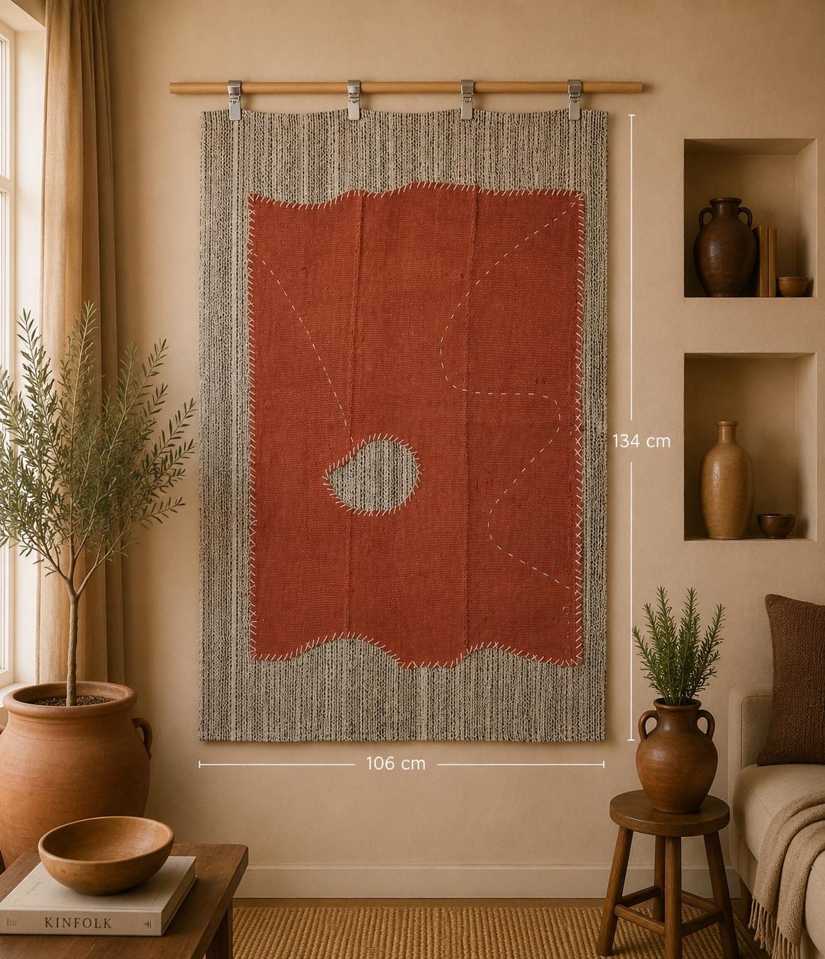 3x4 Hemp Tapestry Rug, Minimalist Orange Wall Hanging, Handmade Textile Art Decor
