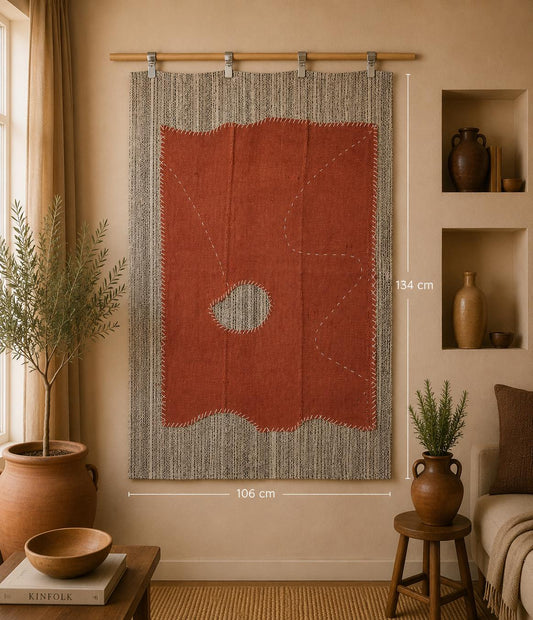 3x4 Hemp Tapestry Rug, Minimalist Orange Wall Hanging, Handmade Textile Art Decor