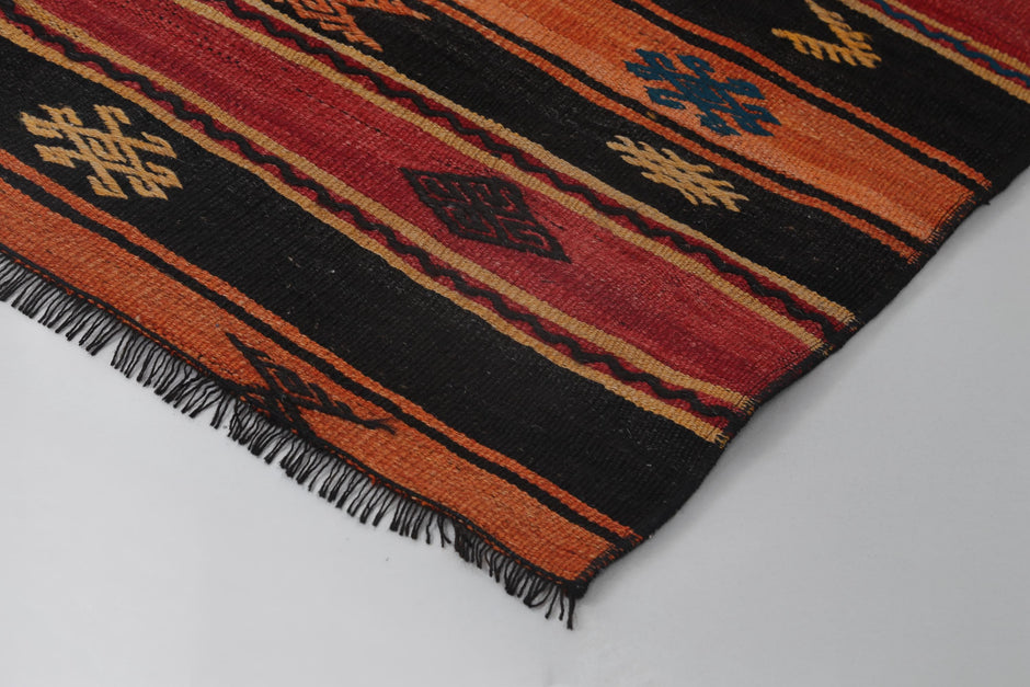 2x8 Vintage Turkish Kilim Runner Rug, Orange and Black Striped Wool Hallway Rug, Handmade Tribal Long Runner