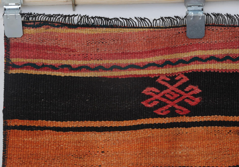 2x8 Vintage Turkish Kilim Runner Rug, Orange and Black Striped Wool Hallway Rug, Handmade Tribal Long Runner