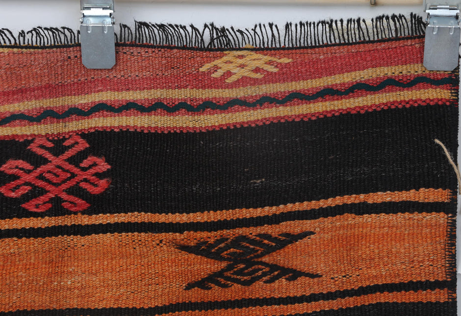 2x8 Vintage Turkish Kilim Runner Rug, Orange and Black Striped Wool Hallway Rug, Handmade Tribal Long Runner