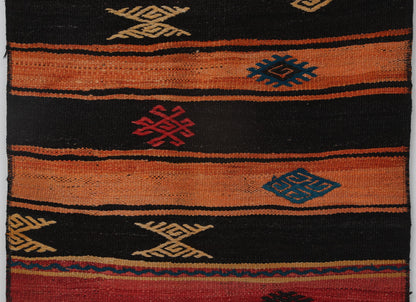 2x8 Vintage Turkish Kilim Runner Rug, Orange and Black Striped Wool Hallway Rug, Handmade Tribal Long Runner