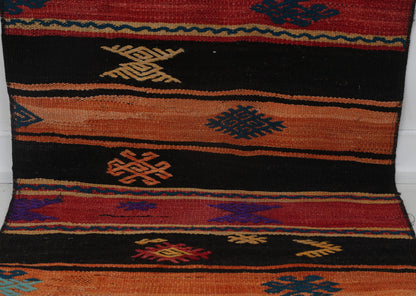 2x8 Vintage Turkish Kilim Runner Rug, Orange and Black Striped Wool Hallway Rug, Handmade Tribal Long Runner