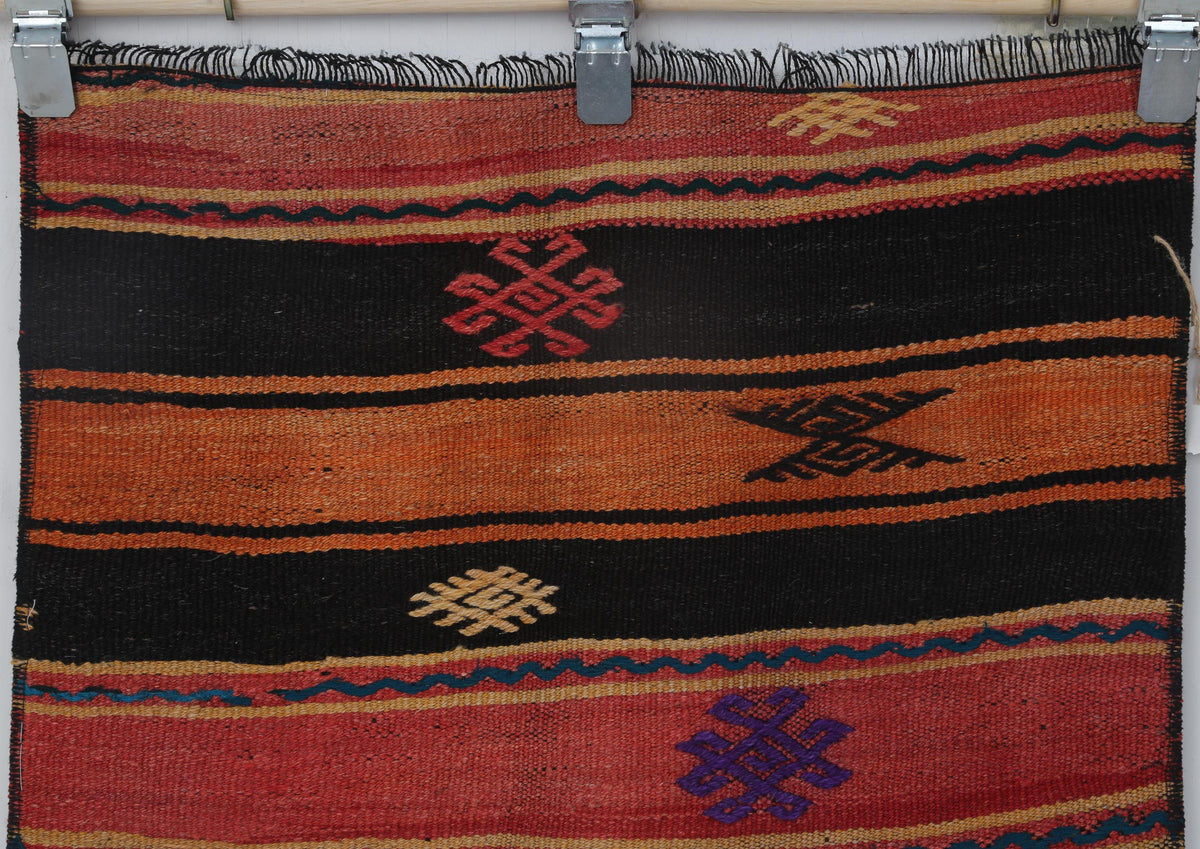 2x8 Vintage Turkish Kilim Runner Rug, Orange and Black Striped Wool Hallway Rug, Handmade Tribal Long Runner