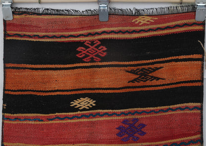 2x8 Vintage Turkish Kilim Runner Rug, Orange and Black Striped Wool Hallway Rug, Handmade Tribal Long Runner