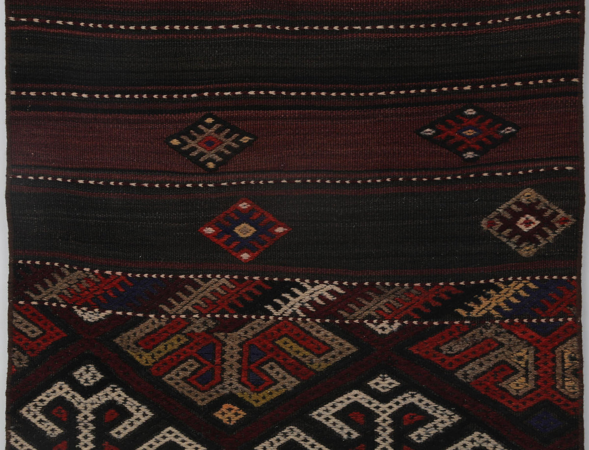 2x7 Vintage Turkish Kilim Runner Rug, Red and Black Wool Hallway Rug, Handmade Tribal Striped Long Runner