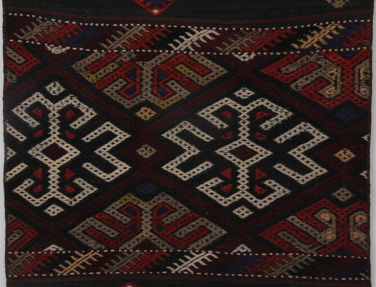 2x7 Vintage Turkish Kilim Runner Rug, Red and Black Wool Hallway Rug, Handmade Tribal Striped Long Runner