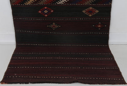 2x7 Vintage Turkish Kilim Runner Rug, Red and Black Wool Hallway Rug, Handmade Tribal Striped Long Runner