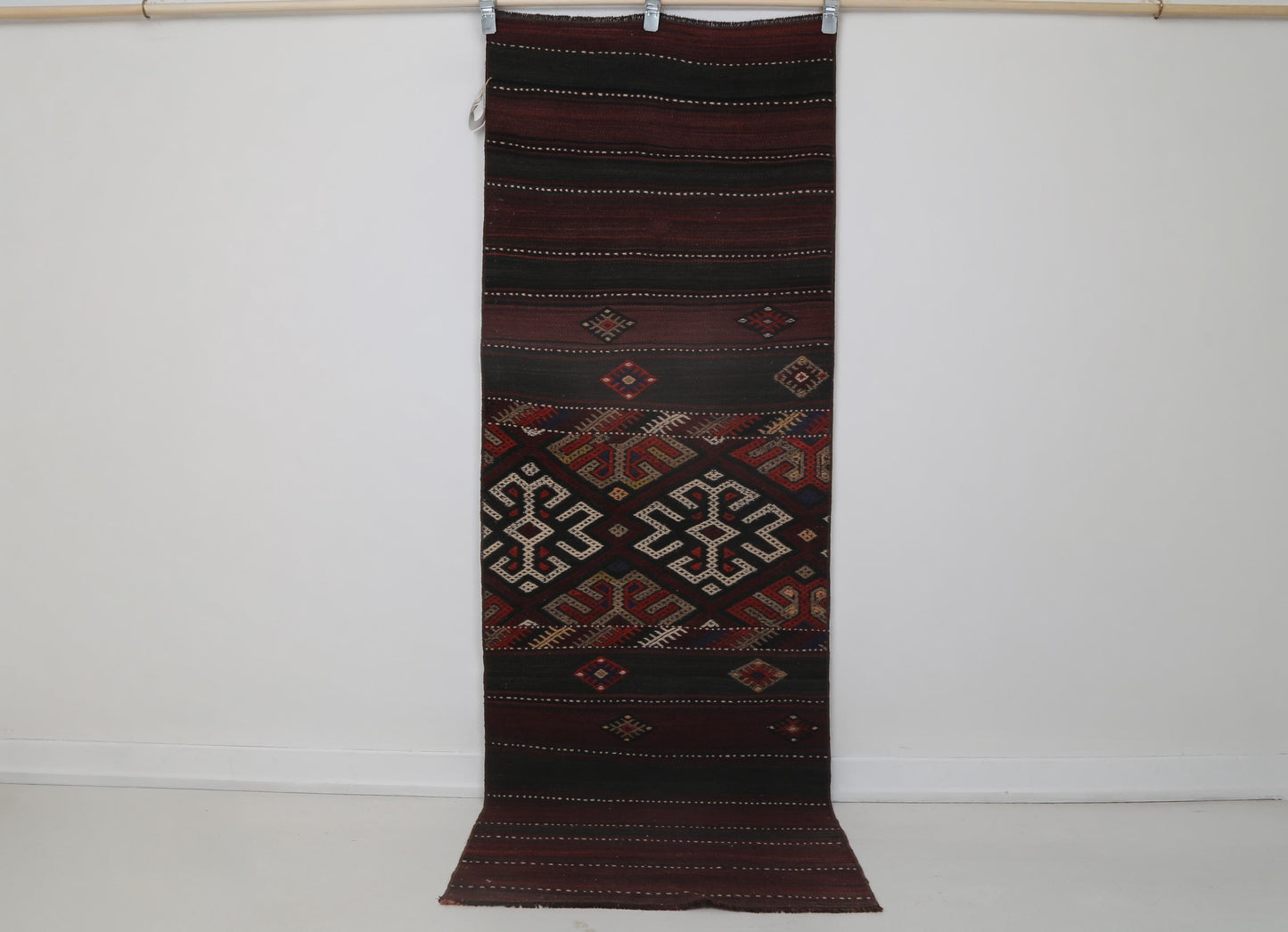 2x7 Vintage Turkish Kilim Runner Rug, Red and Black Wool Hallway Rug, Handmade Tribal Striped Long Runner