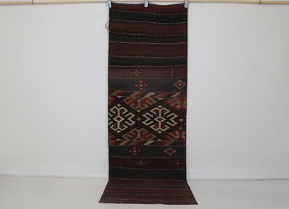 2x7 Vintage Turkish Kilim Runner Rug, Red and Black Wool Hallway Rug, Handmade Tribal Striped Long Runner