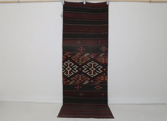2x7 Vintage Turkish Kilim Runner Rug, Red and Black Wool Hallway Rug, Handmade Tribal Striped Long Runner