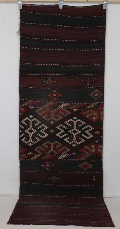 2x7 Vintage Turkish Kilim Runner Rug, Red and Black Wool Hallway Rug, Handmade Tribal Striped Long Runner