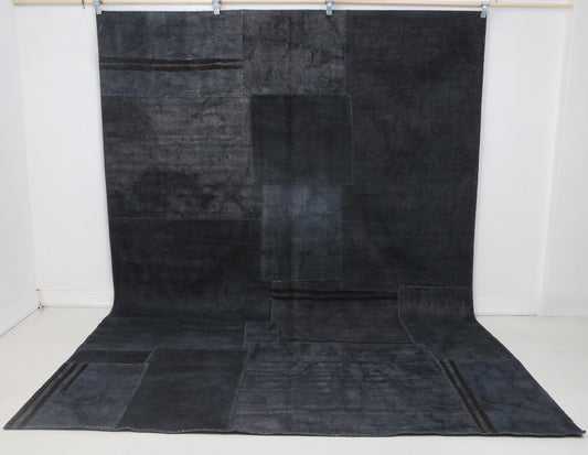 7x10 Vintage Hemp Patchwork Rug, Dark Blue Turkish Area Rug, Handmade Minimal Flatwoven Home Decor