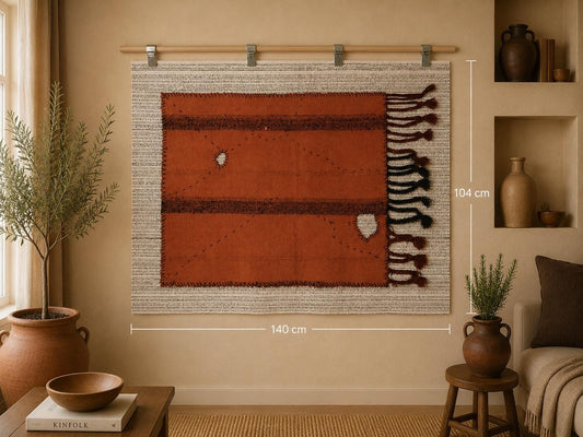 3x5 Vintage Turkish Tapestry Rug, Orange Flatweave Wall Hanging, Handmade Textile Wall Decor