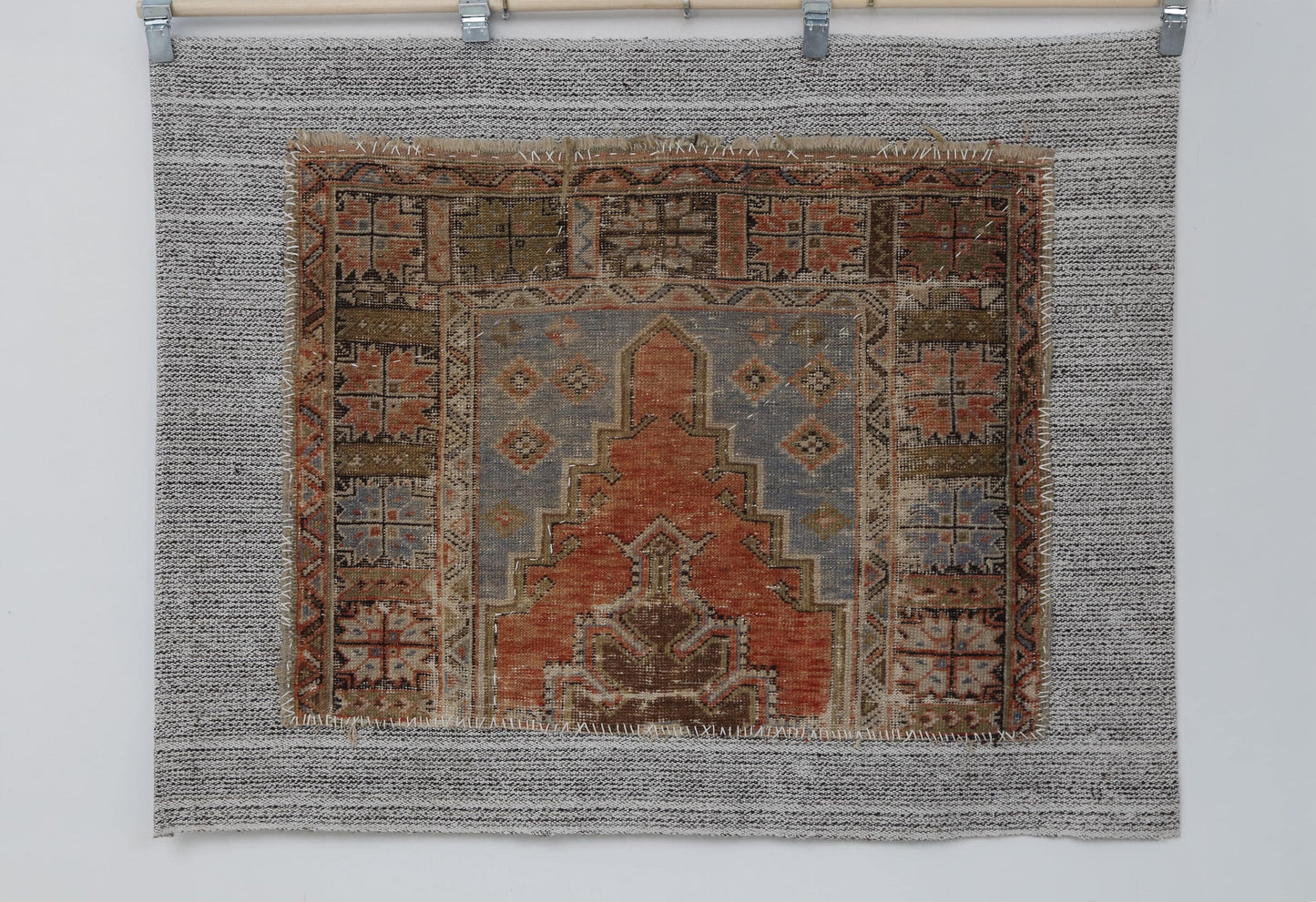 3x4 Vintage Turkish Tapestry Rug, Orange and Brown Tribal Wall Hanging, Handmade Wool Cotton Textile Art